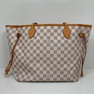 Louis Vuitton Neverfull MM Damier Azur Leather Tote Shoulder Bag White Purse LV